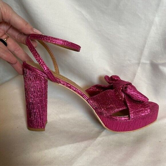 Lulus Lilsa Rose Metallic Bow Platform Ankle Strap Chunky 5in Heels Womens 8.5 - Picture 1 of 8